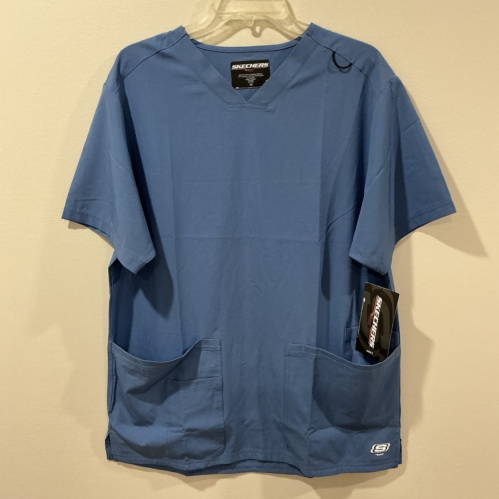 Skechers by Barco Ciel Blue Scrub Top RN50681 Size M V-Neck Utility Workwear‎